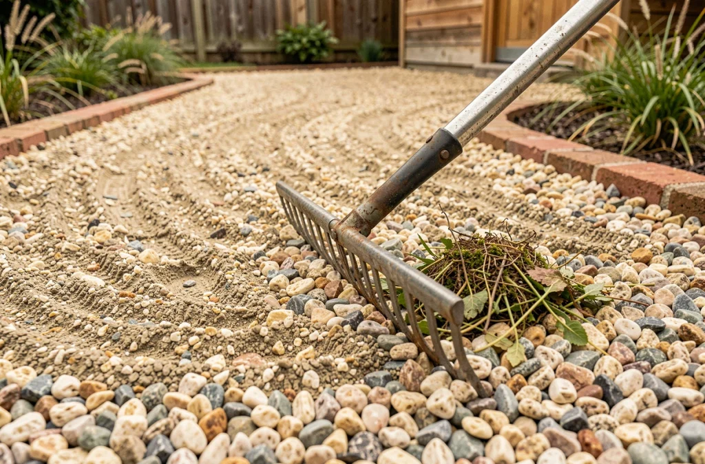Gros plan d'un râteau posé sur une allée en gravier après le désherbage et le nettoyage du jardin