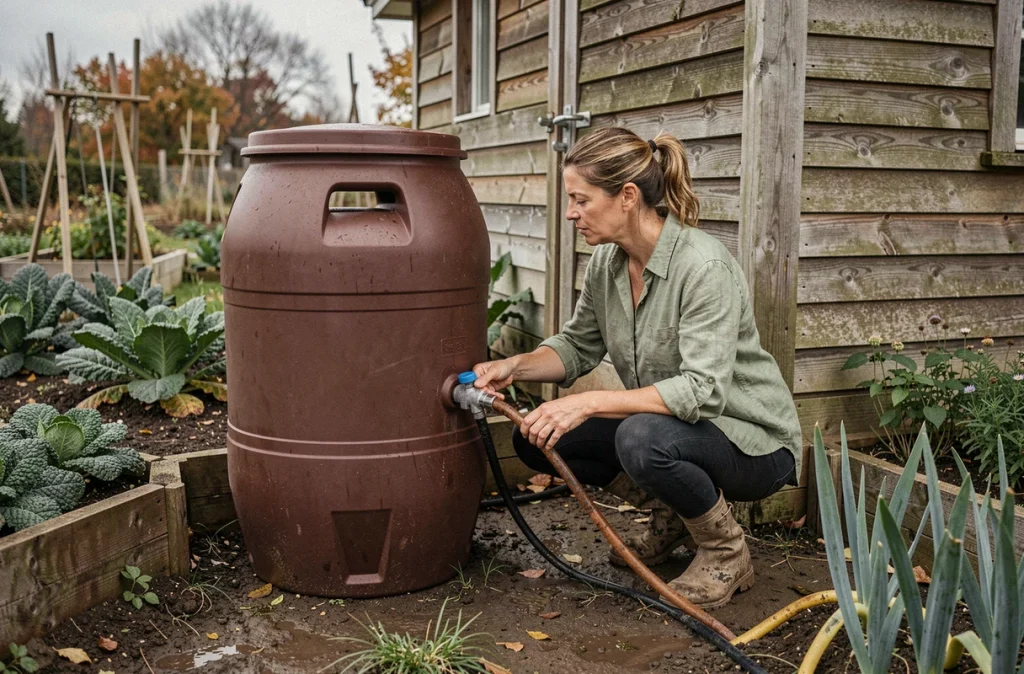 Femme raccordant un récupérateur d'eau de pluie à un système d'irrigation goutte-à-goutte pour potager