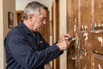 Serrurier remplaçant une vieille serrure sur une porte d'entrée en bois usée