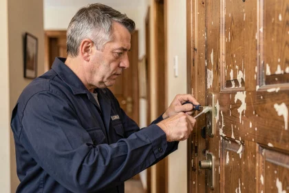 Serrurier remplaçant une vieille serrure sur une porte d'entrée en bois usée