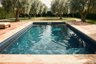 Piscine enterrée avec revêtement en mosaïque de carrelage bleu cobalt dans un jardin méditerranéen