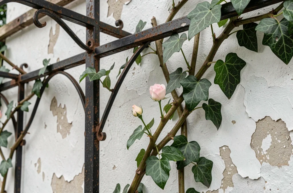 Détail de rosier grimpant et de lierre entrelacés sur une pergola en fer forgé fixée à un mur blanchi à la chaux dans un jardin