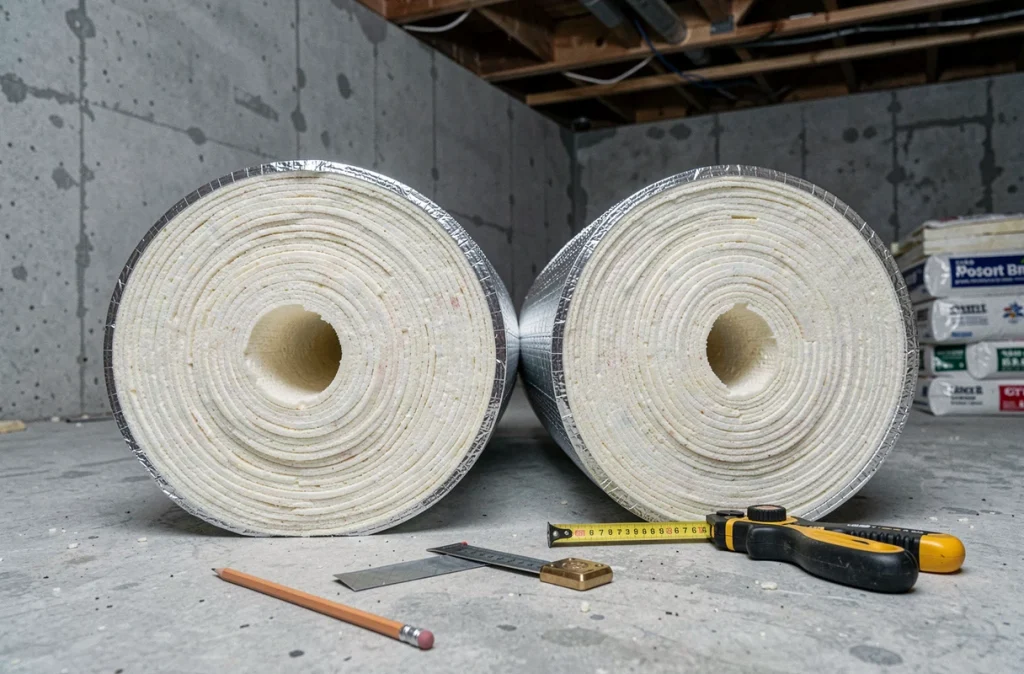 Gros plan sur des rouleaux d'isolant thermique avec couteau et mètre ruban sur sol béton lors d'une rénovation de sous-sol