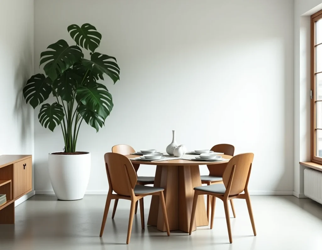 Salle à manger minimaliste avec un grand monstera dans un pot blanc structurant l'espace autour d'une table en chêne ronde