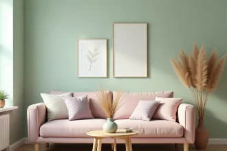 Salon scandinave aux tons pastel avec canapé rose poudré, coussins lavande et murs vert sauge