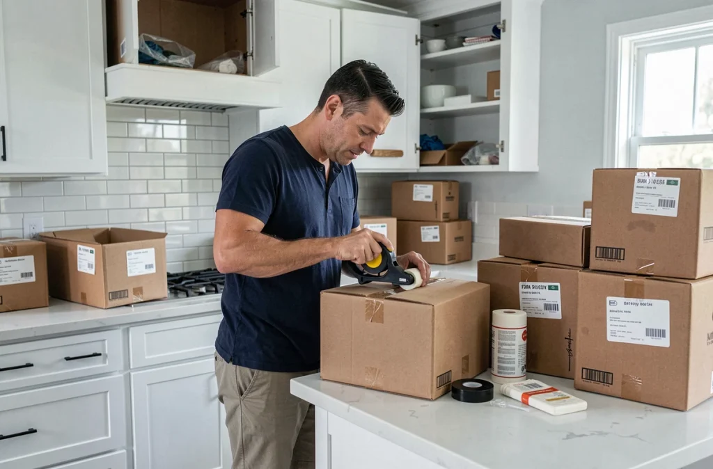 Homme scellant des cartons de déménagement étiquetés dans une cuisine vidée avant un déménagement