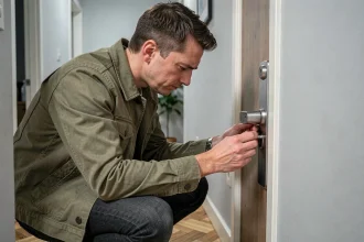Homme examinant une nouvelle serrure de sécurité installée sur une porte d'appartement lors d'une installation dans un nouveau logement