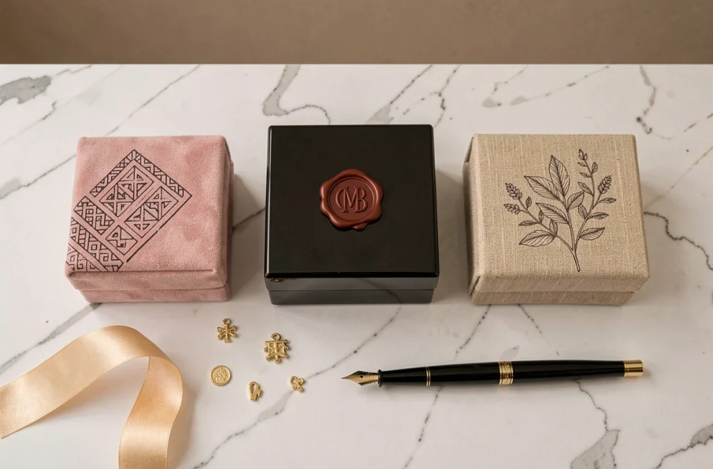 Trois boîtes à bijoux personnalisées avec motifs variés en vue à plat sur marbre blanc entourées d'accessoires de décoration