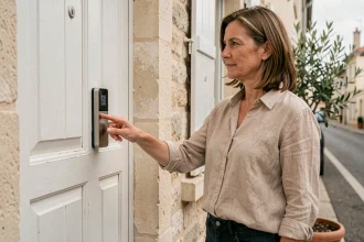 Femme utilisant une serrure connectée à empreinte digitale sur la porte d'entrée d'une maison française
