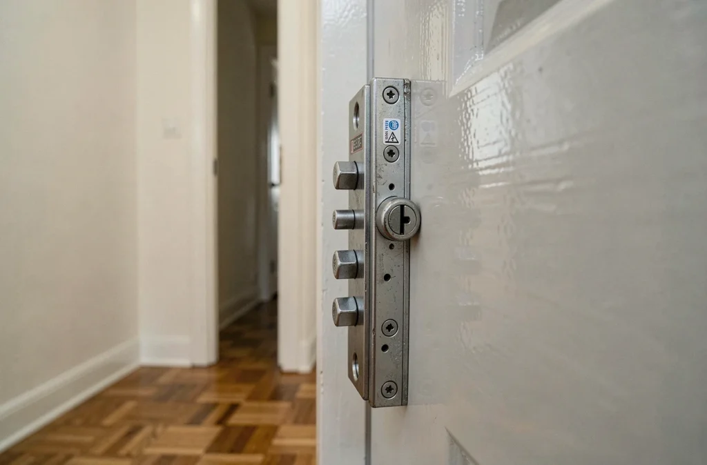 Gros plan sur un système de verrouillage multipoints certifié sur une porte résidentielle, représentant les standards modernes de sécurité des accès