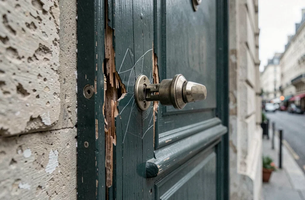 Gros plan sur une serrure de porte fracturée avec des traces d'effraction sur un immeuble résidentiel