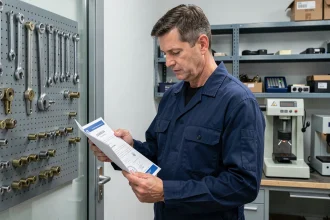 Serrurier professionnel examinant son certificat de qualification officielle dans son atelier