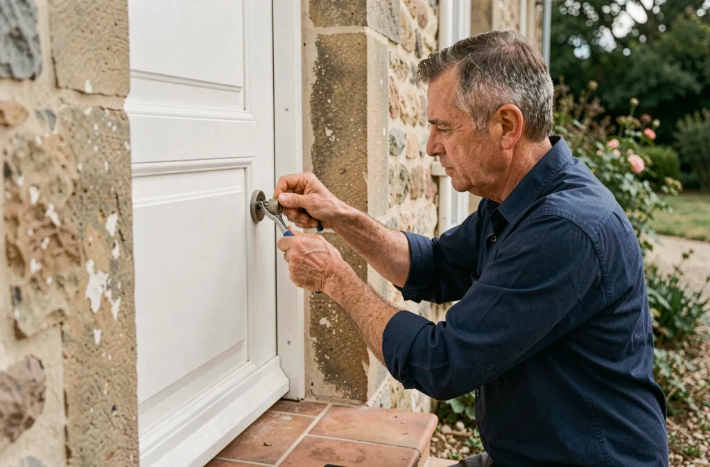 Serrurier professionnel installant une serrure cylindrique sur la porte d'entrée d'une maison en pierre traditionnelle française
