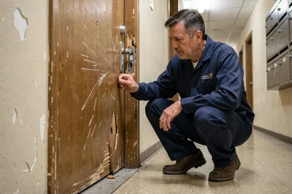 Serrurier professionnel examinant une porte d'entrée endommagée après une effraction dans un couloir d'immeuble