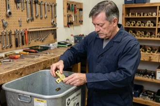 Serrurier déposant un cylindre de serrure usagé dans un bac de recyclage métallique dans un atelier professionnel