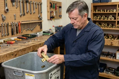 Serrurier déposant un cylindre de serrure usagé dans un bac de recyclage métallique dans un atelier professionnel