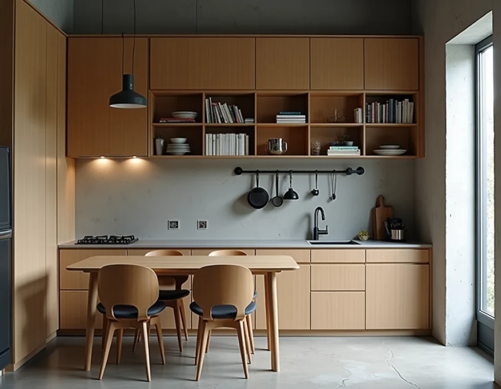 Studio étroit avec cloison modulable, table pliante murale et rangements superposés pour optimiser un espace de vie multifonctionnel