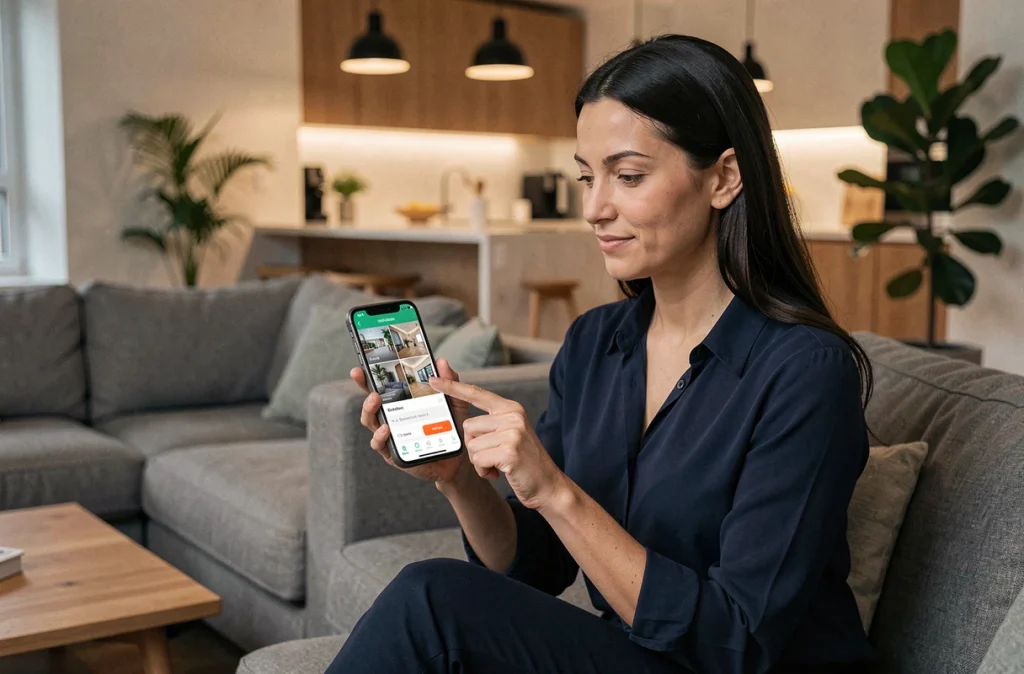 Femme consultant l'application de surveillance de son alarme connectée sur smartphone depuis son salon