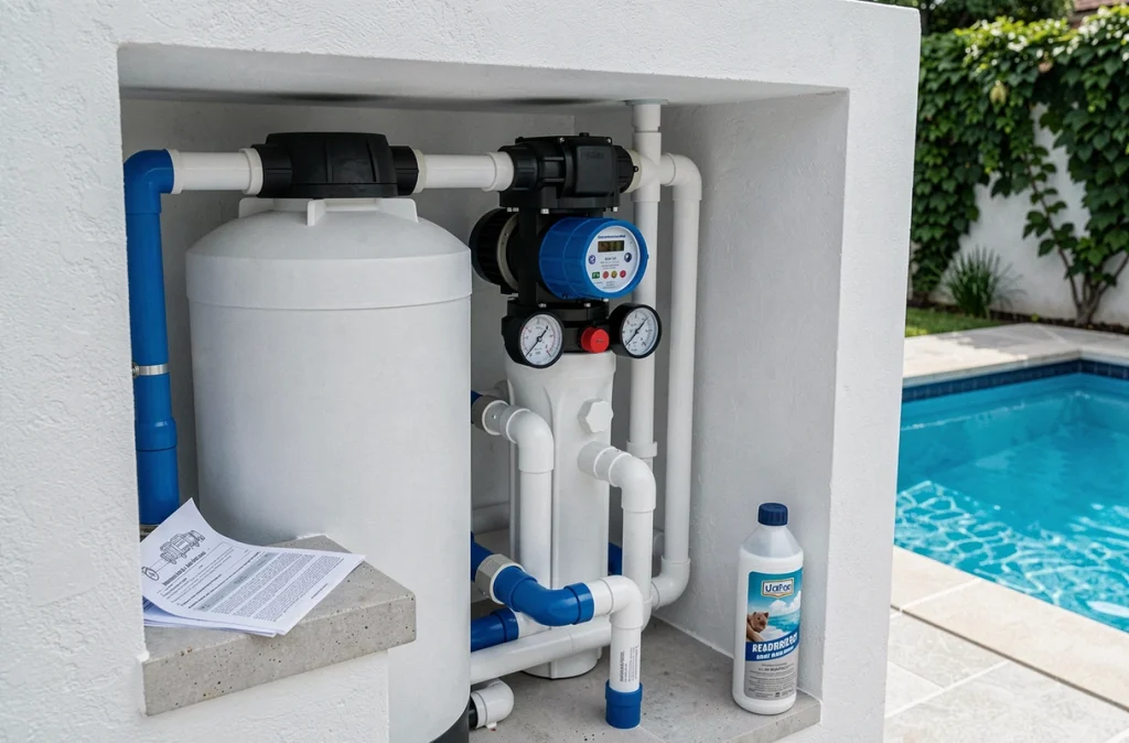 Système de filtration d'une piscine familiale avec pompe, filtre à sable et tuyaux PVC pour un entretien efficace