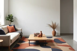 Tapis graphique géométrique en bleu marine, terracotta et crème dans un salon moderne minimaliste avec canapé en lin et table basse en chêne