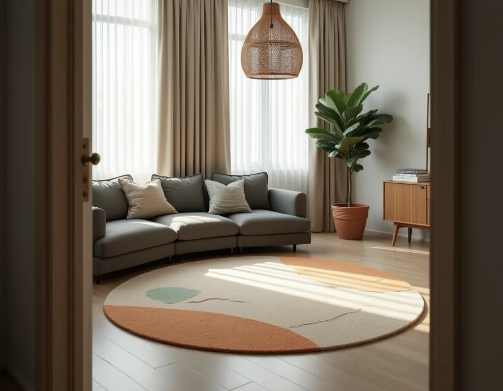 Tapis rond graphique à motif botanique ocre et vert sauge dans un salon scandinave avec canapé modulable gris anthracite et plante tropicale