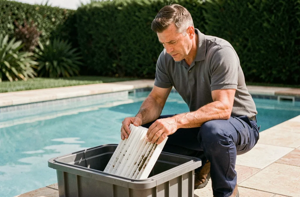 Technicien de piscine inspectant un filtre à cartouche lors d'une intervention d'entretien de système de filtration