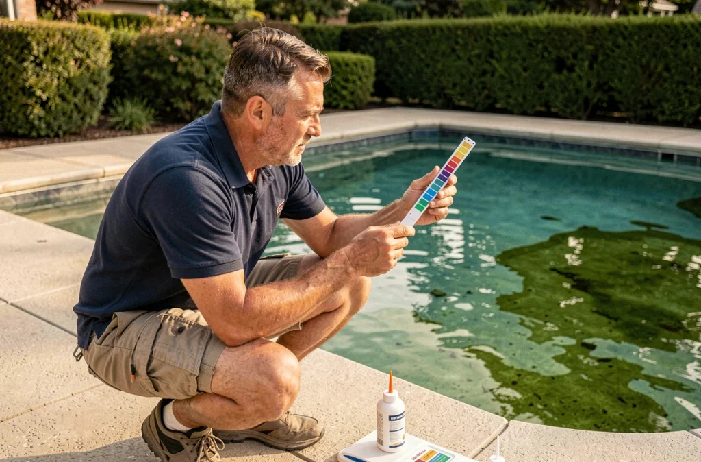 Technicien de piscine testant la qualité de l'eau pour détecter un déséquilibre chimique favorisant les algues