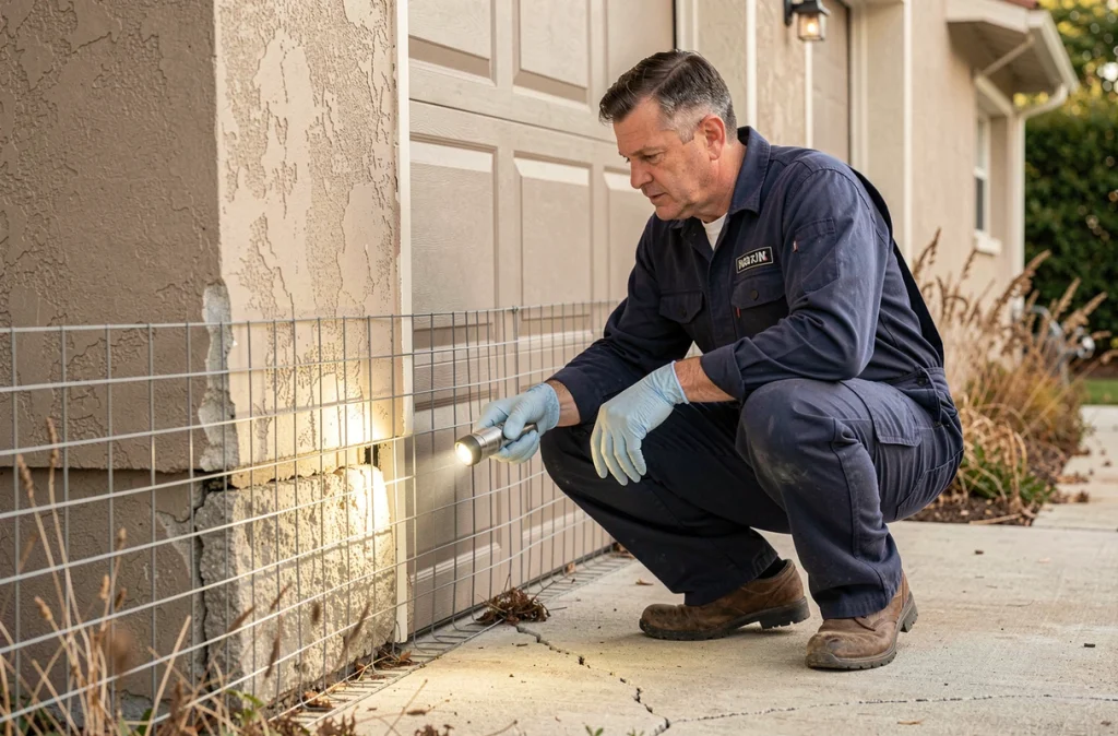 Technicien en désinsectisation installant une grille anti-fouine à l'entrée d'un garage résidentiel