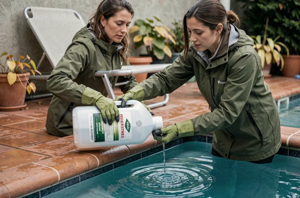 Femme ajoutant des produits hivernants dans l'eau d'une piscine avant l'hiver