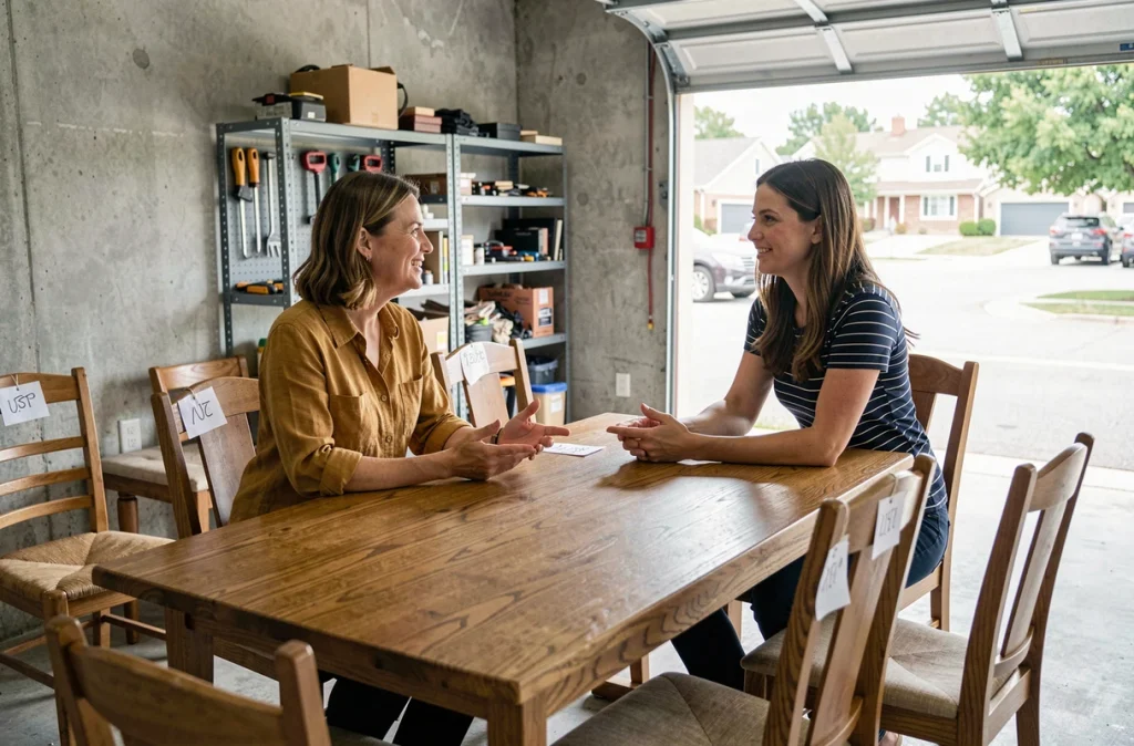 Deux femmes négociant la vente d'une table en chêne massif lors d'un vide-grenier dans un garage suburban