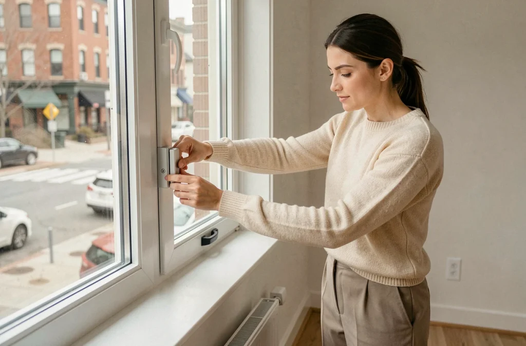 Femme vérifiant la sécurité d'une fenêtre avec un verrou de sécurité dans un appartement au moment d'emménager