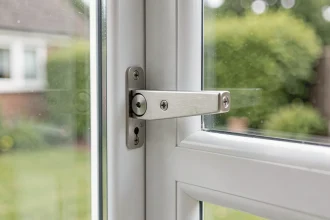 Gros plan sur un verrou supplémentaire en acier brossé installé sur une fenêtre de rez-de-chaussée en PVC blanc