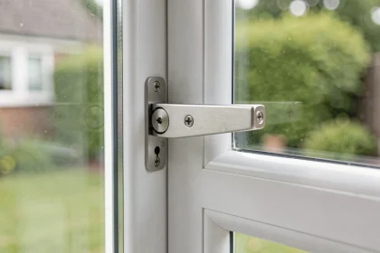 Gros plan sur un verrou supplémentaire en acier brossé installé sur une fenêtre de rez-de-chaussée en PVC blanc