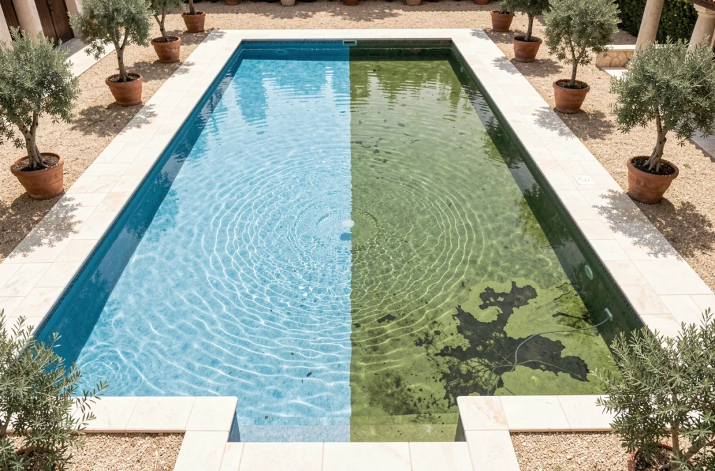 Vue aérienne d'une piscine extérieure montrant le contraste entre une eau claire et une zone envahie par les algues vertes
