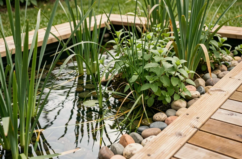 Zone de filtration végétale d'une piscine naturelle avec plantes aquatiques et galets dans un jardin français