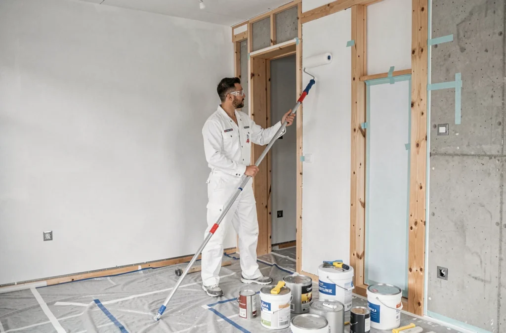 Peintre en bâtiment polyvalent travaillant à la fois sur les murs et la menuiserie dans un appartement en rénovation