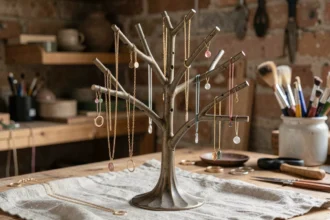 Arbre à bijoux en métal patiné exposant des colliers et boucles d'oreilles artisanaux sur un établi en bois dans un atelier de créateur