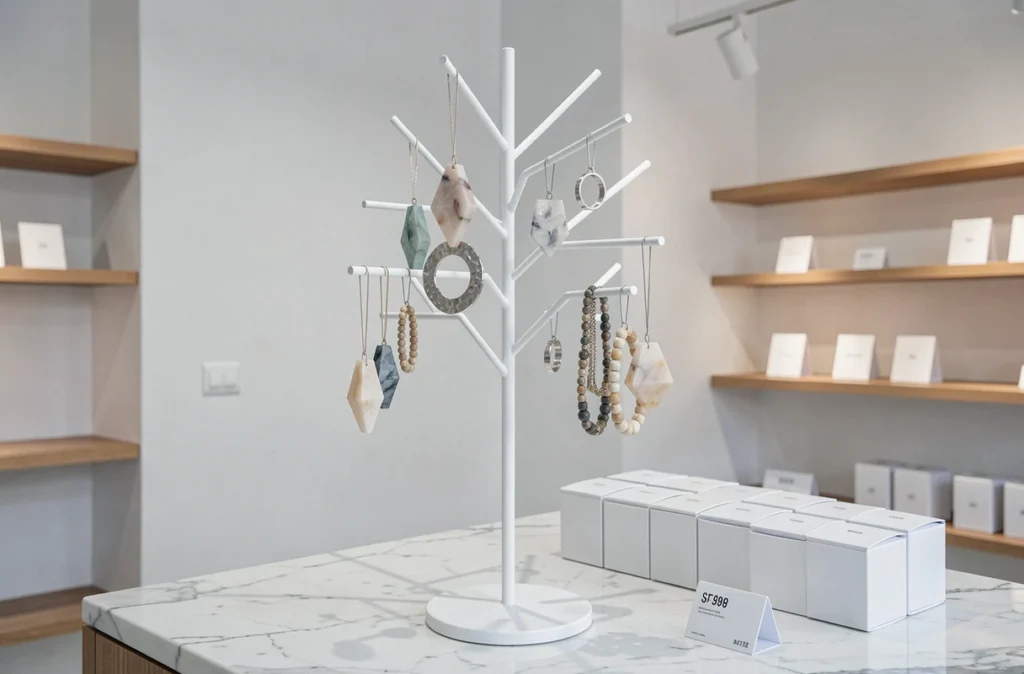 Arbre à bijoux minimaliste blanc exposant des pendentifs et bracelets sur un comptoir en marbre dans une boutique de créateur contemporaine