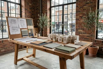 Studio d'architecture d'intérieur dans le Nord avec planche de matières, plans et échantillons sur une table de travail