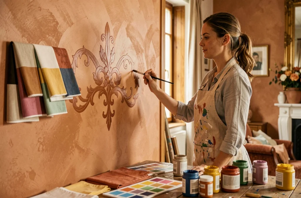 Artisane décoratrice appliquant un motif peint à la main sur un mur dans un atelier de décoration artisanale