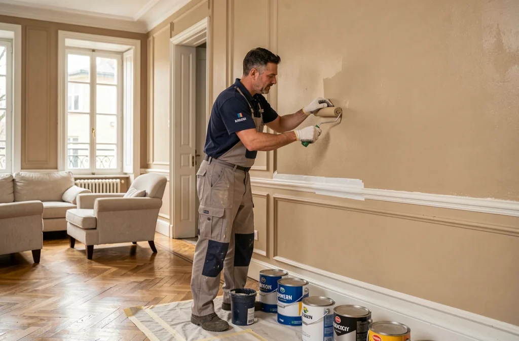 Professionnel de la rénovation intérieure appliquant une peinture beige dans un salon de maison dans l'Ain