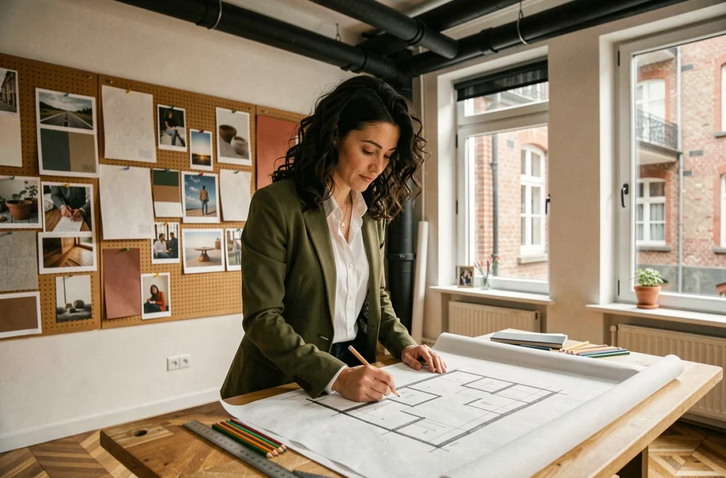 Charline Piette, architecte d'intérieur à Lille, réalisant des croquis à la main dans son atelier créatif