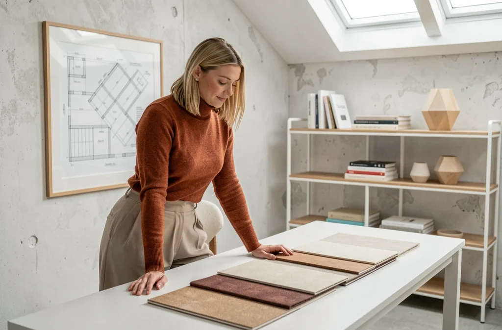 Charlotte Delfour, architecte d'intérieur à Tourcoing, étudiant des échantillons de matières dans son studio moderne