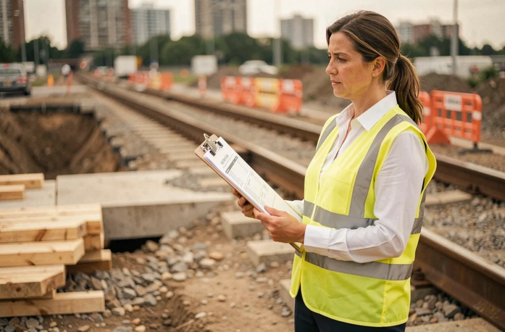 Cheffe de projet consultant un devis de travaux sur un chantier d'installation de chemin de fer traverse en milieu urbain