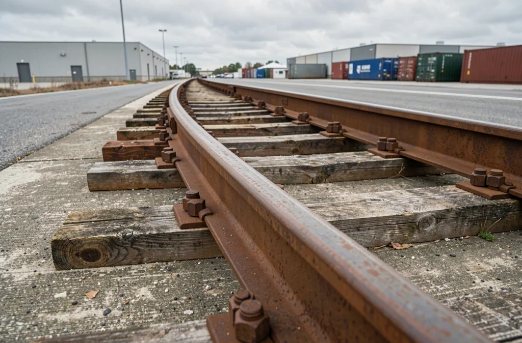 Gros plan sur une traverse de chemin de fer encastrée dans le béton, détail des traverses en bois et rails en acier