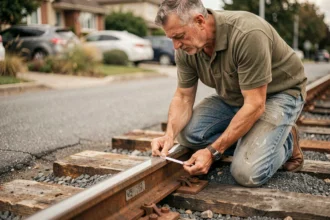 Ouvrier mesurant un chemin de fer traverse installé dans une route urbaine, rail en acier et traverses en bois visibles