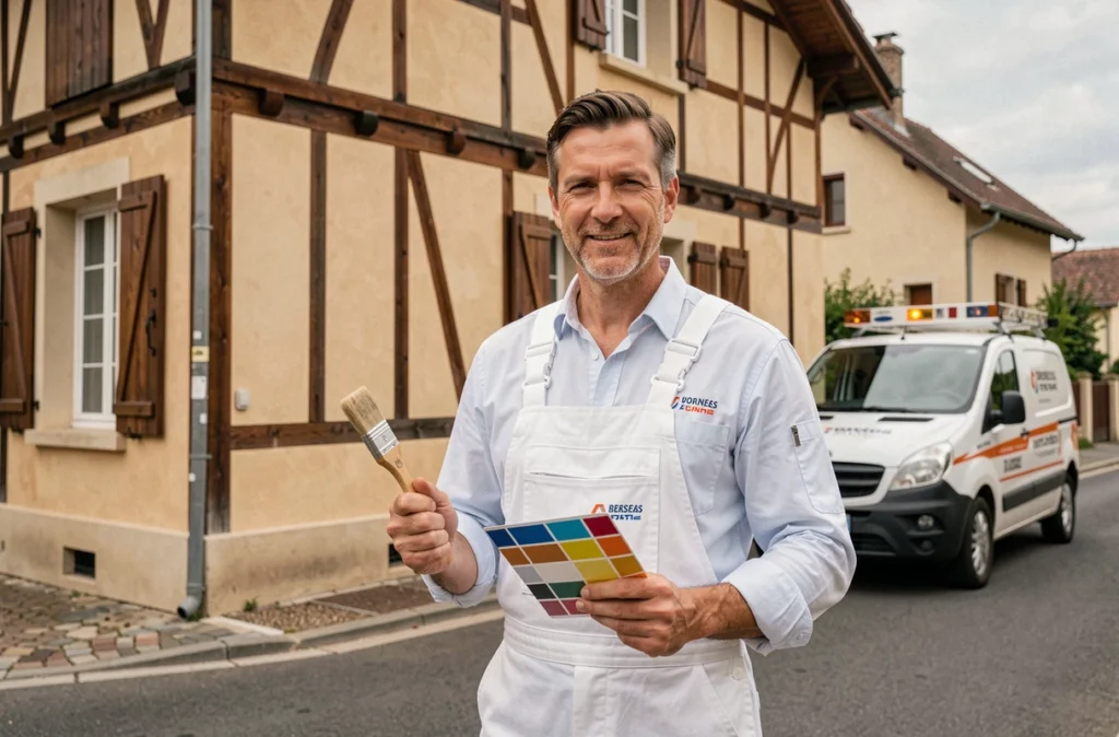 Peintre en bâtiment référencé posant devant une façade rénovée d'une maison traditionnelle bressane à Vonnas