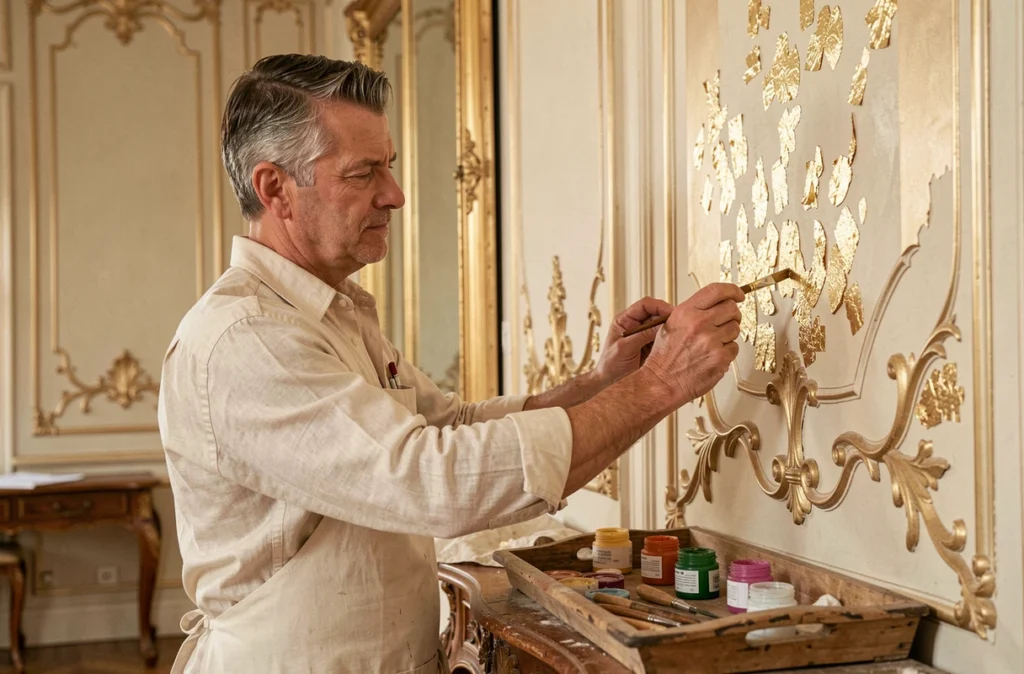 Artisan décorateur appliquant des finitions dorées sur un panneau décoratif dans un intérieur français classique