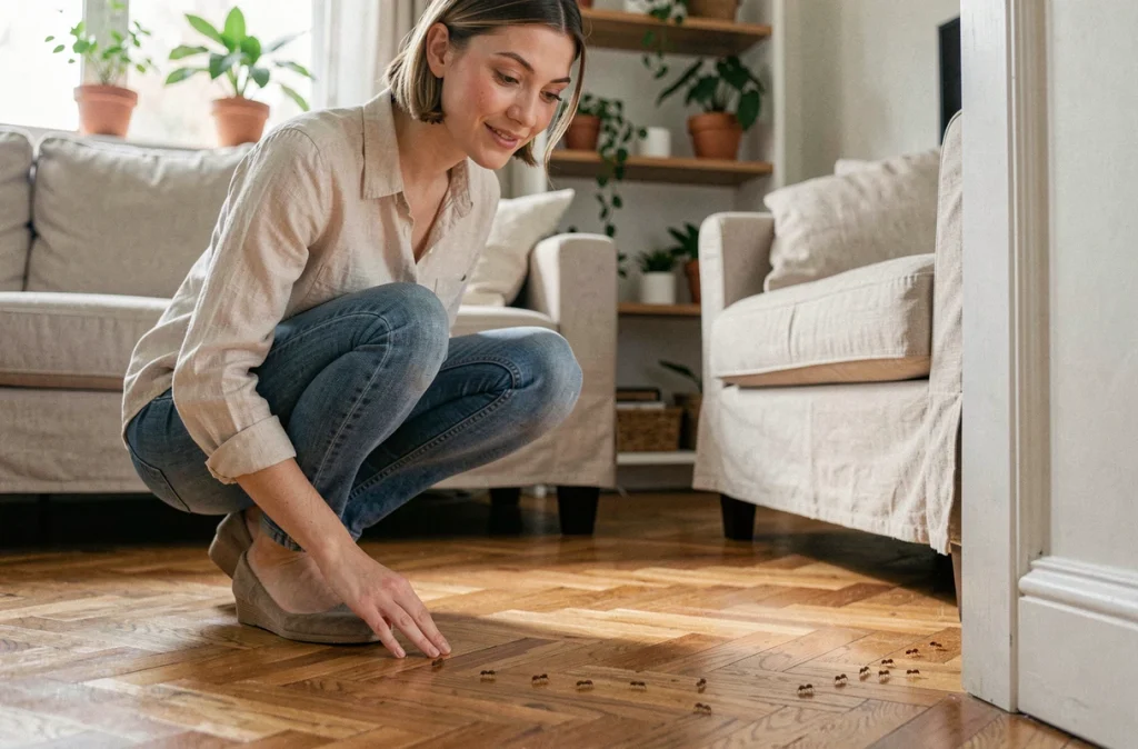 Jeune femme observant une colonne de fourmis dans son salon, illustration des croyances populaires sur les fourmis en amour