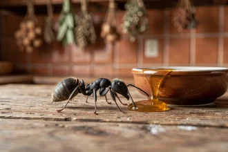 Fourmi noire en gros plan sur une table en bois de cuisine, symbole de présage en amour selon les croyances populaires